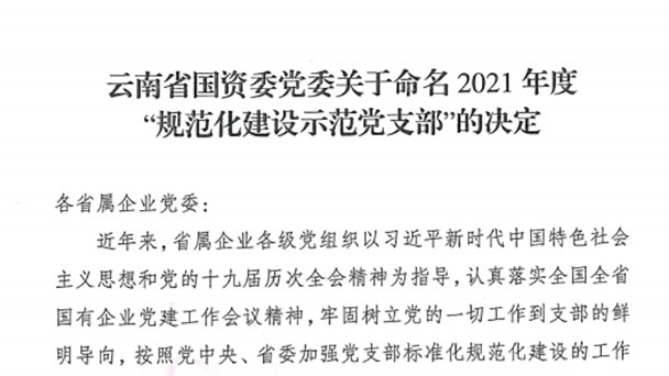 热烈祝贺！云煤（南宫ng28）集团所属2个党支部被命名为省国资委2021年度“规范化建设树模党支部”